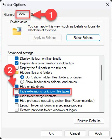 Show all file extensions from File Explorer Options