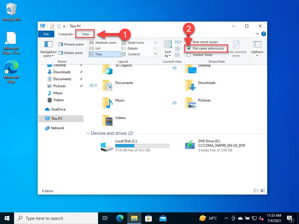 View file name extension in Windows 10